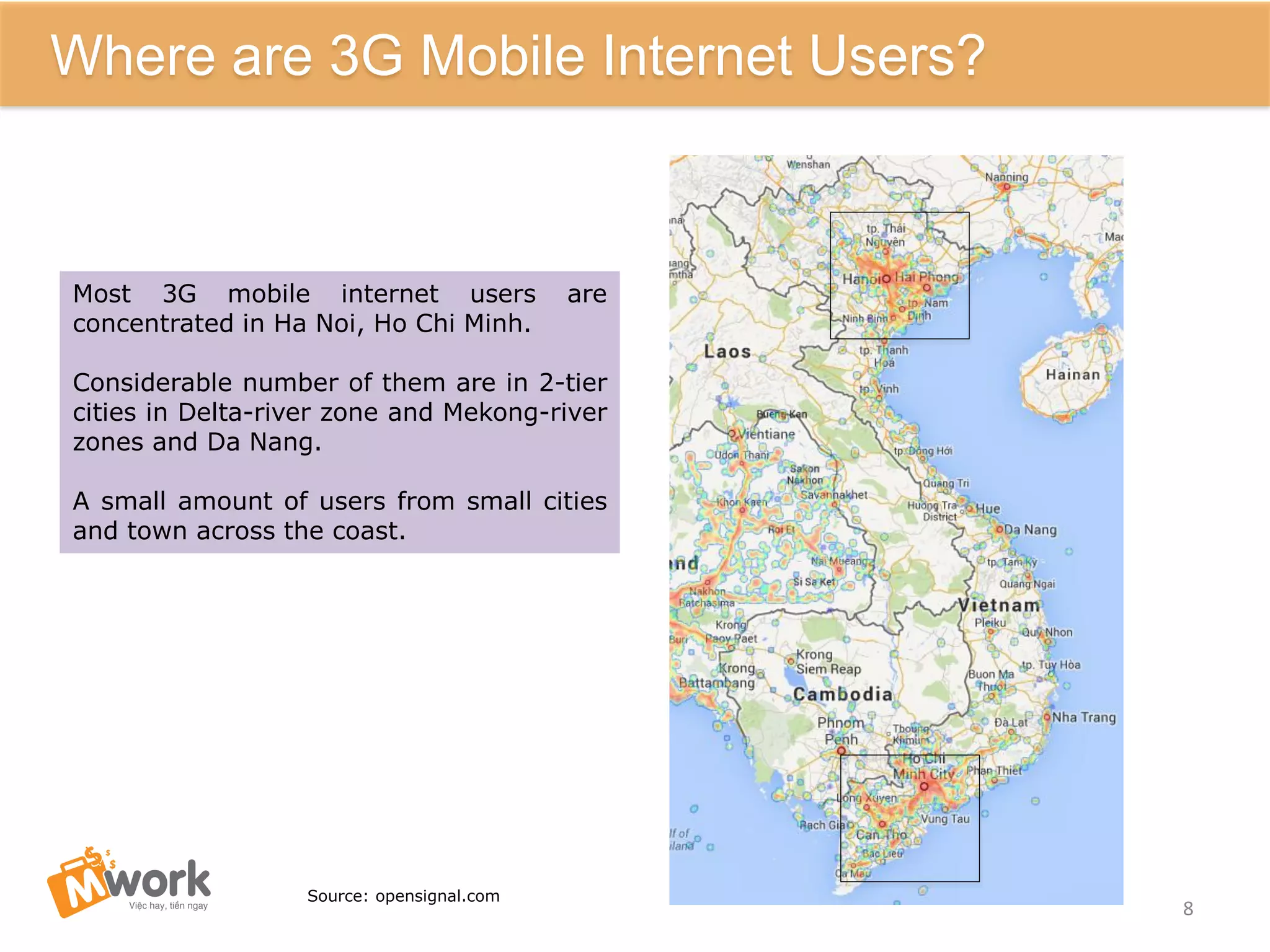 8
Where are 3G Mobile Internet Users?
Most 3G mobile internet users are
concentrated in Ha Noi, Ho Chi Minh.
Considerable number of them are in 2-tier
cities in Delta-river zone and Mekong-river
zones and Da Nang.
A small amount of users from small cities
and town across the coast.
Source: opensignal.com
 