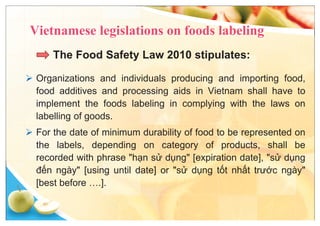 The Food Safety Law 2010 stipulates:
ÿ Organizations and individuals producing and importing food,
food additives and proc...
