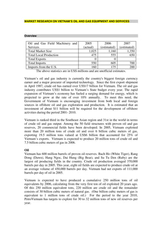 MARKET RESEARCH ON VIETNAM’S OIL AND GAS EQUIPMENT AND SERVICES




Overview

  Oil and Gas Field Machinery and             2005           2006           2007
  Services                                   (actual)     (estimated) (estimated)
  Total Market Size                              1,025          1,160          1,350
  Total Local Production                           475            555            650
  Total Exports                                       0              0
  Total Imports                                    550            605            700
  Imports from the U.S.                            160            175            200
        The above statistics are in US$ millions and are unofficial estimates.

Vietnam’s oil and gas industry is currently the country's biggest foreign currency
earner and a major procurer of imported technology. Since the first export shipment
in April 1987, crude oil has earned over US$17 billion for Vietnam. The oil and gas
industry contributes US$1 billion to Vietnam’s State budget every year. The rapid
expansion of Vietnam’s economy has fueled a surging demand for energy, which is
projected to grow at the rate of over 10% annually. To meet this need, the
Government of Vietnam is encouraging investment from both local and foreign
sources in offshore oil and gas exploration and production. It is estimated that an
investment of about $11 billion will be required for the development of offshore
activities during the period 2001- 2010.

Vietnam is ranked third in the Southeast Asian region and 31st in the world in terms
of crude oil and gas output. Among the 50 field structures with proven oil and gas
reserves, 20 commercial fields have been developed. In 2005, Vietnam exploited
more than 20 million tons of crude oil and over 6 billion cubic meters of gas,
exporting 19.5 million tons valued at US$6 billion that accounted for 25% of
Vietnam’s exports. Vietnam is expected to produce 20 million tons of crude oil and
7.5 billion cubic meters of gas in 2006.

Oil
Vietnam has 600 million barrels of proven oil reserves. Bach Ho (White Tiger), Rang
Dong (Dawn), Hang Ngoc, Dai Hung (Big Bear), and Su Tu Den (Ruby) are the
largest oil producing fields in the country. Crude oil production averaged 370,000
barrels per day in 2005. This year, eight oil fields are expected to produce crude oil at
an average volume of 450,000 barrels per day. Vietnam had net exports of 111,000
barrels per day of oil in 2005.

Vietnam is expected to have produced a cumulative 250 million tons of oil
equivalents by 2006, calculating from the very first ton of oil exploited 20 years ago.
Of this 250 million equivalent tons, 220 million are crude oil and the remainder
consists of 30 billion cubic meters of natural gas. (One billion cubic meters of gas is
equivalent to 1 million tons of crude oil.) For the period to the year 2010,
PetroVietnam has targets to explore for 30 to 32 million tons of new oil reserves per
year.
 