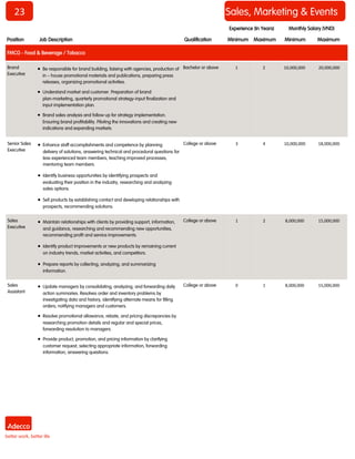 23 
Sales, Marketing & Events 
Position 
Job Description 
Qualification 
Minimum 
Maximum 
Minimum 
Maximum 
FMCG - Food & Beverage / Tobacco 
Monthly Salary (VND) 
Experience (In Years) 
Brand Executive 
 Be responsible for brand building, liaising with agencies, production of in – house promotional materials and publications, preparing press releases, organizing promotional activities. 
 Understand market and customer. Preparation of brand plan-marketing, quarterly promotional strategy-input finalization and input implementation plan. 
 Brand sales analysis and follow up for strategy implementation. Ensuring brand profitability. Piloting the innovations and creating new indications and expanding markets. 
Bachelor or above 
1 
2 
10,000,000 
20,000,000 
Senior Sales Executive 
 Enhance staff accomplishments and competence by planning delivery of solutions, answering technical and procedural questions for less experienced team members, teaching improved processes, mentoring team members. 
 Identify business opportunities by identifying prospects and evaluating their position in the industry, researching and analyzing sales options. 
 Sell products by establishing contact and developing relationships with prospects, recommending solutions. 
College or above 
3 
4 
10,000,000 
18,000,000 
Sales Executive 
 Maintain relationships with clients by providing support, information, and guidance, researching and recommending new opportunities, recommending profit and service improvements. 
 Identify product improvements or new products by remaining current on industry trends, market activities, and competitors. 
 Prepare reports by collecting, analyzing, and summarizing information. 
College or above 
1 
2 
8,000,000 
15,000,000 
Sales Assistant 
 Update managers by consolidating, analyzing, and forwarding daily action summaries. Resolves order and inventory problems by investigating data and history, identifying alternate means for filling orders; notifying managers and customers. 
 Resolve promotional allowance, rebate, and pricing discrepancies by researching promotion details and regular and special prices, forwarding resolution to managers. 
 Provide product, promotion, and pricing information by clarifying customer request, selecting appropriate information, forwarding information, answering questions. 
College or above 
0 
1 
8,000,000 
15,000,000  