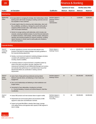 28 
Finance & Banking 
Position 
Job Description 
Qualification 
Minimum 
Maximum 
Minimum 
Maximum 
Monthly Salary (VND) 
Experience (In Years) 
Retail Banking 
Relationship Officer 
 Be responsible for managing the strategic client relationships in Retail Banking which will include managing an existing customers and and the acquisition of new customers. 
 Provide insight & ideas for enhancing client relationships, client cash flow, profitability, and efficiency. Manage the overall credit quality of assigned portfolio (includes sales, credit analysis, loan structuring, client and prospect interviews). 
 Monitor & manage existing credit relationship, which includes note renewals, reviewing & detailed analysis of current financial statements & collateral valuations, credit analysis, cash flow analysis, delinquency reporting, documenting exceptions & covenant monitoring, compiling reports necessary to monitor asset & credit quality and compliance with policy/regulation. 
Bachelor degree in Banking/ Finance / Business Administration 
2 
5 
12,000,000 
18,000,000 
Corporate Banking 
Head of Corporate Banking 
 Monitor operational, economic and social data relevant to the business of the Bank for evolving strategies and policy guidelines in the Corporate Banking department. 
 Develop, recommend and implement marketing strategies and plans consistent with established goals in Corporate Banking including: Assets & Liabilities. 
 Constantly endeavor to improve the Bank’s competitive position by review of the plans and policies. Set goals, objectives and measurement standards for each Relationship Manager and monitors and evaluates their performance on a periodical basis. Ensure that departmental efforts are coordinated in meeting customer requirements. 
Master degree in Banking/ Finance 
20 
25 
350,000,000 
500,000,000 
Head of Global Banking 
 Lead a Team of high performing individuals servicing Global Network Corporate clients, and delivering on Team Goals and Engagement. 
 Own a set of relationships and delivering on client satisfaction and budget metrics. 
 Ownership for Team deliverables, including but not limited to – Financial Modeling, Company and Industry Research, Data flow Coordination. 
Bachelor degree in Banking/ Finance 
20 
25 
200,000,000 
350,000,000 
Head of SMEs 
 Assess SME products and new business ideas to apply to reality. 
 Disseminate and communicate policies and procedures of SME segment to sales team and distribution channels. 
 Support and guide RMs/SRMs to develop Sales target, manage cross-selling chances and appraise sales capacity of SME segment in area in charge. 
Bachelor degree in Banking/ Finance / Accounting 
15 
20 
100,000,000 
160,000,000  