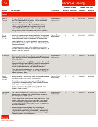 36 
Finance & Banking 
Position 
Job Description 
Qualification 
Minimum 
Maximum 
Minimum 
Maximum 
Monthly Salary (VND) 
Experience (In Years) 
Treasury 
Head of Treasury 
 Be responsible for all operational treasury functions which include, daily cash management and risk analysis. Liquidity management, cash reporting and variance analysis. 
 Support in treasury policy, as well as assist in funding strategy. Develop and maintain key banking and investor relationships, responsibility for the banking, loan and covenant agreements. 
 Manage direct reports to improve functionality of Treasury function. 
Degree in Finance and Accounting 
12 
25 
100,000,000 
200,000,000 
Money Market Manager 
 Nurture and maintain excellent working relationships with accredited banks and fund investment houses. Work as a supervisor of the team of the money market agents and officers who are assigned banks. 
 Ensure that the funds are correctly managed for optimum earnings. Maintain the coordination with the HR to ensure that allocated payroll funds are synchronized. 
 Provide the proper and regular reports to the finance committee or executives or the senior authorities. Study the reports on the status of earning of idles bank resources. 
Degree in Finance and Accounting 
12 
25 
100,000,000 
200,000,000 
FX Manager 
 Daily liaise with clients by phone and email, executing orders on their behalf and where necessary keeping them informed of developments in financial markets. 
 Account management of existing database. Trade and client contact input and co-ordination with back office to ensure the smooth running of the treasury function. Researching and closing new business, through both self generated and sales leads and networking. 
 Follow news and events likely to affect the financial markets and client expectations. Reporting on monthly, quarterly and annual progress towards any relevant targets. 
Degree in Finance and Accounting 
10 
20 
40,000,000 
80,000,000 
Bond & Derivaties Manager 
 Manage and leads a group of bond traders responsible for the timely buying and selling of government or corporate bonds. 
 Review orders to ensure accuracy, proper record keeping, and conformance to regulations. Evaluates market volatility and ensures clients receive the best rate available. 
 Develop programs and strategies to increase profitability. Keeps abreast of market conditions. 
Degree in Finance and Accounting 
10 
20 
40,000,000 
80,000,000 
Commodities Manager 
 Fully authorize to interface with supplier on supply commitment. Manage supply capability by close collaboration with suppliers on demand requirement and its forecast. 
 Know in detail supplier overall capability in term of technology, quality, loading, 2nd tier supply and resources to ensure its smooth supply. Supply management includes product end-of-life management to minimize material liability. Full authority to interface with suppliers on the product material cost. 
 Manage supplier cost performance by price agreement and negotiation leading to targets. Should cost analysis and continuous cost improvement to ensure cost competitiveness. Collaborate with quality team on continuous supplier improvement to elevate supplier capability on delivery and cost performance. 
Degree in Finance and Accounting 
10 
20 
40,000,000 
80,000,000  