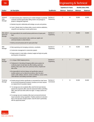 56 
Engineering & Technical 
Position 
Job Description 
Qualification 
Minimum 
Maximum 
Minimum 
Maximum 
Monthly Salary (VND) 
Experience (In Years) 
Technical Sales Manager 
 Create business plan, implement go-to-market strategies to penetrate customers and find opportunities selling solution and packages to projects in designated segments. 
 Maintain long-term relationship with strategic accounts and partners. 
 Coach / Monitor team to achieve orders, ensure customer satisfaction, using KPI’s and reporting to monitor performance. 
Bachelor of Engineering 
7 
10 
30,000 
64,000 
After-sales & Spare part Manager 
 Be responsible for the overall business performance of spare parts Dept. 
 All operations of procurement, sales, warehouse, logistic and authorized dealers in whole Vietnam. 
 Build up annual business plan for spare parts Dept. 
Bachelor of Engineering 
7 
10 
20,000 
30,000 
M&E Manager 
 Daily supervising and managing contractors, consultants . 
 Construction management in construction projects. 
 Design projects to meet safety, schedule, budget and high end quality and long term of Investment. 
Bachelor of Engineering 
7 
10 
42,000 
84,000 
Design Manager 
 In charge of M&E Designing Service. 
 Professional in Calculating & Designing M&E service systems for multitude projects include high-rise office building, apartment, banking, hotel, resort, clean room, pharmacy factory, hospital and data center. 
 Be responsible for technical design and specification review of auxiliary systems such as telecommunications, data, fire alarm system, public address, intercom, camera surveillance, access control, cable television and building automation systems. 
Bachelor of Engineering 
5 
7 
32,000 
42,000 
Tendering Manager 
 Provide pricing & Solution specification as requested from Sale Teams for any products/equipment's/projects. Increase our hit rate. Improve our respond time for quotation request. 
 For average size and complexity offers, lead the bid invest decision, prepare the proposal & offers, lead risk assessment before submitting offers. Work with back office within the region to design solutions for projects. 
 For average size and complexity offers lead commercial & technical impact evaluation during negotiation. Provides assistance to execution team in the execution of larger projects. Close the deal in partnership with the opportunity leader. 
Bachelor of Commercial 
7 
10 
42,000 
84,000  