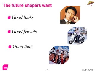 The future shapers want

    Good looks

    Good friends


    Good time



                    25    VietCycle ‘06
 