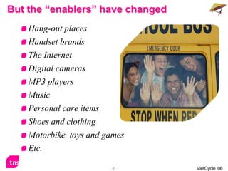 But the “enablers” have changed
    Hang-out places
    Handset brands
    The Internet
    Digital cameras
    MP3 players
    Music
    Personal care items
    Shoes and clothing
    Motorbike, toys and games
    Etc.

                          27      VietCycle ‘06
 