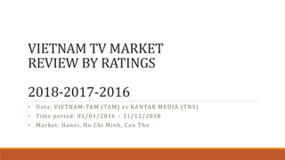 VIETNAM TV MARKET
REVIEW BY RATINGS
2018-2017-2016
• Data: VIETNAM-TAM (TAM) vs KANTAR MEDIA (TNS)
• Time period: 01/01/2016 – 31/12/2018
• Market: Hanoi, Ho Chi Minh, Can Tho
 