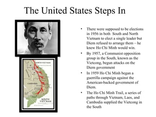 The United States Steps In
• There were supposed to be elections
in 1956 in both South and North
Vietnam to elect a single leader but
Diem refused to arrange them – he
knew Ho Chi Minh would win.
• By 1957, a Communist opposition
group in the South, known as the
Vietcong, begun attacks on the
Diem government
• In 1959 Ho Chi Minh began a
guerrilla campaign against the
American-backed government of
Diem.
• The Ho Chi Minh Trail, a series of
paths through Vietnam, Laos, and
Cambodia supplied the Vietcong in
the South
 