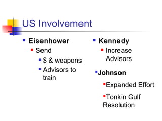 US Involvement
 EisenhowerEisenhower
 Send

$ & weapons

Advisors to
train
 KennedyKennedy
 Increase
Advisors
JohnsonJohnson
Expanded Effort
Tonkin Gulf
Resolution
 