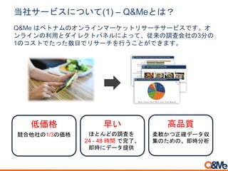 当社サービスについて(1) – Q&Meとは？
Q&Me はベトナムのオンラインマーケットリサーチサービスです。オ
ンラインの利用とダイレクトパネルによって、従来の調査会社の3分の
1のコストでたった数日でリサーチを行うことができます。
低価格 早い 高品質
ほとんどの調査を
24 - 48 時間 で完了。
即時にデータ提供
柔軟かつ正確データ収
集のための、即時分析
競合他社の1/3の価格
 
