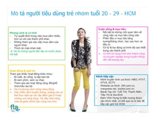 Mô tả người tiêu dùng trẻ nhóm tuổi 20 - 29 - HCM

                                                    Cuộc sống & mục tiêu:
Phong cách & cá tính                                - Nổi bật là những mối quan tâm về
- Tự quyết định trong việc mua sắm nhiều               công việc và mục tiêu công việc
    hơn so với các thành phố khác                   - Phấn đấu vì mục tiêu tăng
- Không tham gia vào việc mua sắm của                  lương/thăng chức, học cao hơn và
    người khác                                         đầu tư
- Thích ăn mặc khác biệt                            - Có tỷ lệ lao động có trình độ cao nhất
 Họ là những người độc lâp và muốn được               trong các thành phố
nổi bật                                              Có thể sử dụng hình ảnh thành công
                                                       và chuyên nghiệp trong truyền thông
                                                       đến đối tượng này



Hoạt đông & giải trí:
Tham gia nhiều hoạt động khác nhau:
- Đi café, ăn uống, tụ tập bạn bè                 Kênh tiếp cận
- Đi xem phim, xem ca nhạc                        - Kênh truyền hình ưa thích: HBO, HTV7,
- Tham gia các hoạt động cộng đồng/tổ                HTV9, SCTV
   chức/câu lạc bộ                                - Website ưa thích: 24h.com.vn,
 Họ có phong cách sống năng động                    vnexpress.net, tuoitre.com.vn;
 Các chiến dịch truyền thông, quảng cáo có       - Báo& Tạp chí: Tuổi Trẻ, Thanh Niên,
   thể thực hiện tại các địa điểm giải trí hoặc      Tiếp Thị & Gia Đình
   những nơi công cộng. Tại đây, khả năng         - Đàm Vĩnh Hưng là thần tượng được
   chia sẻ giữa nhóm bạn cũng cao hơn.               yêu thích nhất, có thể qua ca sĩ này để
                                                     tiếp cận giới trẻ HCM.
 