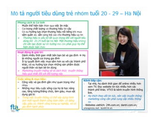 Mô tả người tiêu dùng trẻ nhóm tuổi 20 - 29 – Hà Nội
  Phong cách & Cá tính
  - Muốn thể hiện bản thân qua việc ăn mặc
  - Coi trọng chất lượng và thương hiệu tin cậy
  - Có xu hướng lựa chọn thương hiệu nổi tiếng khi mua
     sắm quần áo, sẵn sàng trả cao cho thương hiệu uy tín
   Thương hiệu là yếu tố rất quan trọng đối với người tiêu
      dùng trẻ 20-29 tuổi tại Hà Nội. Một thương hiệu không
      chỉ cần tạo được sự tin tưởng mà còn phải giúp họ thể
      hiện được bản thân
  Hoạt động & giải trí:
  - Dành nhiều thời gian nhất bên bạn bè và gia đình  Họ
     là những người coi trọng gia đình
  - Ít tự quyết định việc mua sắm hơn so với các thành phố
     khác, có xu hướng lựa chọn những sản phẩm được
     người thân và bạn bè tin dùng
   Marketing truyền miệng sẽ là cách thức truyền thông
     hiệu quả nhất đối với đối tượng này

  Cuộc sống & mục tiêu:
                                                         Kênh tiếp cận:
  ‒ Công việc và gia đình gần như quan trọng như
                                                         - Tại nhà, họ dành thời gian để online nhiều hơn
     nhau
                                                            xem TV. Đọc website tin tức nhiều hơn các
  ‒ Những mục tiêu cuộc sống của họ là học nâng
                                                            thành phố khác. VTV3 là kênh truyền hình thống
     cao, tăng lương/thăng chức, làm giàu, mua vật
                                                            lĩnh.
     dụng giá trị
                                                          Họ thích theo dõi tin tức, nên việc truyền thông
   Trong việc truyền thông có thể xây dựng hình
                                                            marketing cũng cần phải cung cấp nhiều thông
     ảnh một người thành công toàn diện: có bằng
                                                            tin
     cấp, giàu có, thành công trong sự nghiệp, và có
                                                         - Websites ưathích: 24h.com.vn; dantri.com.vn;
     gia đình hạnh phúc
                                                         vnexpress.net; kenh14.vn
 