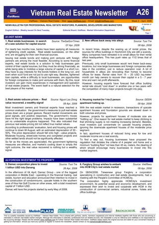 Vietnam Real Estate Newsletter                                                                                                              A26
                                 VietRees – Vietnam Real Estate – Web: www.VietRees.com – Email: Info@VietRees.com                                                      Week 2 – April, 2008
                                                                                                                                                                                      A member of:
 NEWS BULLETIN FOR PROFESSIONAL REAL ESTATE INVESTORS, PLANNERS, DEVELOPERS AND MARKETERS

 English Edition - Weekly Issued On Next Tuesday                              Editorial Board: VietRees - Market Information Department
                                                                                                                                                                                          Page 1

 A