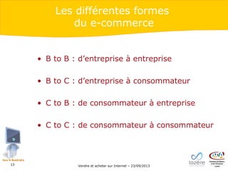 Les différentes formes
du e-commerce
• B to B : d’entreprise à entreprise
• B to C : d’entreprise à consommateur
• C to B : de consommateur à entreprise
• C to C : de consommateur à consommateur

13

Vendre et acheter sur Internet – 23/09/2013

 