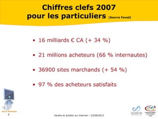 Chiffres clefs 2007
pour les particuliers

(Source Fevad)

• 16 milliards € CA (+ 34 %)
• 21 millions acheteurs (66 % internautes)
• 36900 sites marchands (+ 54 %)
• 97 % des acheteurs satisfaits

6

Vendre et acheter sur Internet – 23/09/2013

 
