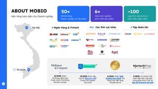 ABOUT MOBIO
8 Ngân hàng & Fintech 40+ Các lĩnh vực khác 3 Tập đoàn lớn
12/2022: Được
McKinsey đánh giá
thuộc nhóm Promising
Martech Vendor
5/2023: Là vendor Việt
Nam đầu tiên xuất hiện
trong phân khúc CDP tại
Bản đồ Martech thế giới
4/2023: Nhận ‘Giải
thưởng Sao Khuê’ cho
hạng mục Nền tảng
Chuyển đổi số
12/2022: Được xếp
loại là ‘Delivery CDP’
trong CDP Vendor
của CDPI
Khách hàng
Doanh nghiệp và Tập đoàn
50+
Năm kinh nghiệm
phát triển sản phẩm
6+
Lập trình viên & Kỹ sư
phát triển phần mềm
~100
Hà Nội
TP.HCM
Nền tảng toàn diện cho Doanh nghiệp
 