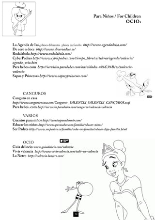 Para Niños / For Children
                                                                           OCIO:




La Agenda de Isa, planes diferentes planes en familia http://www.agendadeisa.com/
De cero a doce http://www.deceroadoce.es/
Rodalabola http://www.rodalabola.com/
CyberPadres http://www.cyberpadres.com/tiempo_libre/carteleras/agenda/valencia/
agenda_vcia.htm
Para bebes.com http://servicios.parabebes.com/actividades-ni%C3%B1os/valencia-
valencia
Sapos y Princesas http://www.saposyprincesas.com/



     CANGUROS
Canguro en casa
http://www.canguroencasa.com/Canguros-_VALENCIA_VALENCIA_CANGUROS.xsql
Para bebes .com http://servicios.parabebes.com/canguros/valencia-valencia

      VARIOS
Cuentos para niños http://cuentosparadormir.com/
Educar los niños http://www.parasaber.com/familia/educar-ninos/
Ser Padres http://www.serpadres.es/familia/vida-en-familia/educar-hijo-familia.html


       OCIO
Guia del ocio www.guiadelocio.com/valencia
Vivir valencia http://www.vivirvalencia.com/salir-en-valencia
La Netro http://valencia.lanetro.com/




                                             50
 