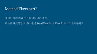 Method Flowchart?
제네릭 뷰의 처리 흐름을 나타내는 용어.
다음은 대표적인 제네릭 뷰 중 DetailView와 ListView의 메소드 플로우차트.
 