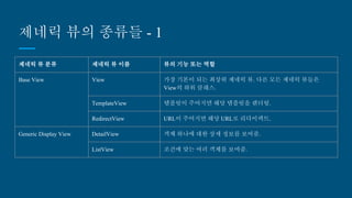 제네릭 뷰의 종류들 - 1
제네릭 뷰 분류 제네릭 뷰 이름 뷰의 기능 또는 역할
Base View View 가장 기본이 되는 최상위 제네릭 뷰. 다른 모든 제네릭 뷰들은
View의 하위 클래스.
TemplateView 템플릿이 주어지면 해당 템플릿을 렌더링.
RedirectView URL이 주어지면 해당 URL로 리다이렉트.
Generic Display View DetailView 객체 하나에 대한 상세 정보를 보여줌.
ListView 조건에 맞는 여러 객체를 보여줌.
 