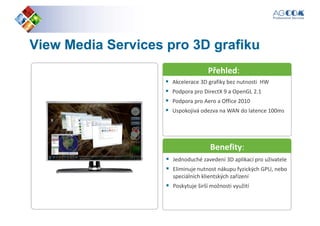 ViewView MediaMedia ServicesServices pro 3D grafikupro 3D grafiku
Přehled:
Akcelerace 3D grafiky bez nutnosti HW
Podpora pro DirectX 9 a OpenGL 2.1
Podpora pro Aero a Office 2010
Uspokojivá odezva na WAN do latence 100ms
Přehled:
Benefity:
Jednoduché zavedení 3D aplikací pro uživatele
Eliminuje nutnost nákupu fyzických GPU, nebo
speciálních klientských zařízení
Poskytuje širší možnosti využití
Benefity:
 