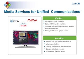 MediaMedia ServicesServices forfor UnifiedUnified CommunicationsCommunications
Přehled:
UC integrace skrze View APIs
Správa VOIP hovorů v desktopu
Separace VOIP encoding a decoding v media
enginu na klientech
Přímé point to point spojení hovorů
Přehled:
Benefity:
Podpora QoS pro vysokou kvalitu VOIP
Uživatelsky přívětivé
Desktop vás následuje včetně telefonie
Ochrana stávajících investic
Škálovatelné, výkonné řešení
Benefity:
 