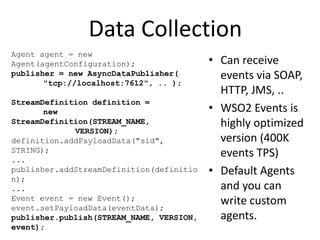 Data Collection
Agent agent = new
Agent(agentConfiguration);
publisher = new AsyncDataPublisher(
"tcp://localhost:7612", ....