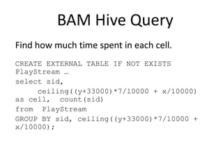 BAM Hive Query
Find how much time spent in each cell.
CREATE EXTERNAL TABLE IF NOT EXISTS
PlayStream …
select sid,
ceiling...