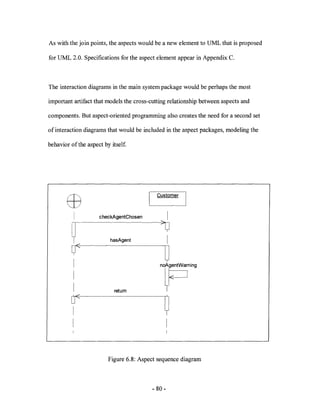 As with the join points, the aspects would be a new element to UML that is proposed

for UML 2.0. Specifications for the aspect element appear in Appendix C.



The interaction diagrams in the main system package would be perhaps the most

important artifact that models the cross-cutting relationship between aspects and

components. But aspect-oriented programming also creates the need for a second set

of interaction diagrams that would be included in the aspect packages, modeling the

behavior of the aspect by itself




       EB
                                           Customer



              I      checkAgentChosen            I
                                             >Q
         y~
         y
                         hasAgent                I


                                              ~
          I

          I
                                            nFmin         g



          I                retum

         t(
          I                                   ~
          I




                        Figure 6.8: Aspect sequence diagram



                                         - 80-
 