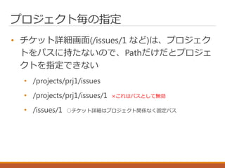 プロジェクト毎の指定
• チケット詳細画面(/issues/1 など)は、プロジェク
トをパスに持たないので、Pathだけだとプロジェ
クトを指定できない
• /projects/prj1/issues
• /projects/prj1/issues/1 ×これはパスとして無効
• /issues/1 ○チケット詳細はプロジェクト関係なく固定パス
 