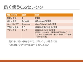 良く使うCSSセレクタ
他にもいろいろあるので、詳しくない場合には
”CSSセレクタ”で一度調べておくと良い
セレクタ名 書式 対象
型セレクタ E E要素
idセレクタ E#myid id名がmyidのE要素
classセレクタ E.warning class名がwarinigのE要素
子孫セレクタ E F E要素の子孫にあたるF要素
子セレクタ E > F E要素の子にあたるF要素
(子孫セレクタは、E要素の配下ならば、ど
こにあっても良いが、子セレクタは、1階層
下のみが対象)
 