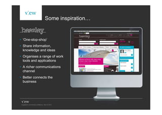 Some inspiration…


• ‘One-stop-shop’
• Share information,
  knowledge and ideas
• Organises a range of work
  tools and applications
• A richer communications
  channel
• Better connects the
  business
 