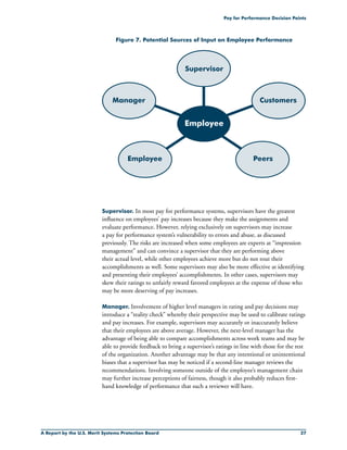 A Report by the U.S. Merit Systems Protection Board 27
Pay for Performance Decision Points
Figure 7. Potential Sources of Input on Employee Performance
Supervisor
Employee
Manager Customers
PeersEmployee
Supervisor. In most pay for performance systems, supervisors have the greatest
influence on employees’ pay increases because they make the assignments and
evaluate performance. However, relying exclusively on supervisors may increase
a pay for performance system’s vulnerability to errors and abuse, as discussed
previously. The risks are increased when some employees are experts at “impression
management” and can convince a supervisor that they are performing above
their actual level, while other employees achieve more but do not tout their
accomplishments as well. Some supervisors may also be more effective at identifying
and presenting their employees’ accomplishments. In other cases, supervisors may
skew their ratings to unfairly reward favored employees at the expense of those who
may be more deserving of pay increases.
Manager. Involvement of higher level managers in rating and pay decisions may
introduce a “reality check” whereby their perspective may be used to calibrate ratings
and pay increases. For example, supervisors may accurately or inaccurately believe
that their employees are above average. However, the next-level manager has the
advantage of being able to compare accomplishments across work teams and may be
able to provide feedback to bring a supervisor’s ratings in line with those for the rest
of the organization. Another advantage may be that any intentional or unintentional
biases that a supervisor has may be noticed if a second-line manager reviews the
recommendations. Involving someone outside of the employee’s management chain
may further increase perceptions of fairness, though it also probably reduces first-
hand knowledge of performance that such a reviewer will have.
 