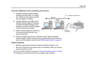 Page 29
Use the USB port and a wireless print server
1 Install the wireless network adapter,
including the driver files, to a nearby
PC. Follow the instructions provided
with the adapter to install it.
2 Change settings in the utility for the
wireless network adapter (if needed)
to match the default settings for the
wireless print server. Find the settings
in the print server information.
3 Power on the wireless print server. Do
not connect the print server to the
printer at this time.
4 Insert the wireless print server CD-ROM in the PC with the wireless
network adapter. Follow the instructions provided with the print server to
set it up on the network, and then see "Set the Data Format" on page 34.
Tips for Success
• Network support personnel can provide the network settings to use.
• Be sure to record the print server name or IP address, which you need to
send print jobs from a PC.
You do not need to perform the steps in "Set up the network printer" on page
30. Instead, set up the print server on the network (step 4 above).
 