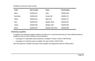 Page 64
Available monochrome colors include:
Cleaning supplies
In addition to the cleaning supplies included in the ribbon kit, it is recommended that you order additional cleaning
supplies to have on hand to address unusual situations.
• A package of 5 replaceable cleaning sleeves is available. The part number is 549716-002.
• A package of 10 cleaning cards is available. The part number is 552141-002.
See Info Central for complete information about supplies and replacement parts for CP60 printers.
Color Part number Color Part Number
Black 552954-501 Gold 552954-508
Dark Blue 552954-502 Scratch-off 552954-513
White 552954-503 Black HQ 552954-701
Red 552954-504 Metallic Silver 552954-607
Green 552954-506 Metallic Gold 552954-608
Silver 552954-507 Metallic Holo Fleck 552954-609
 