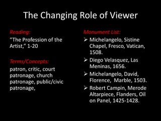 The Changing Role of Viewer Reading: “The Profession of the Artist,” 1-20 Terms/Concepts: patron, critic, court patronage, church patronage, public/civic patronage,  Monument List: ,[object Object]
