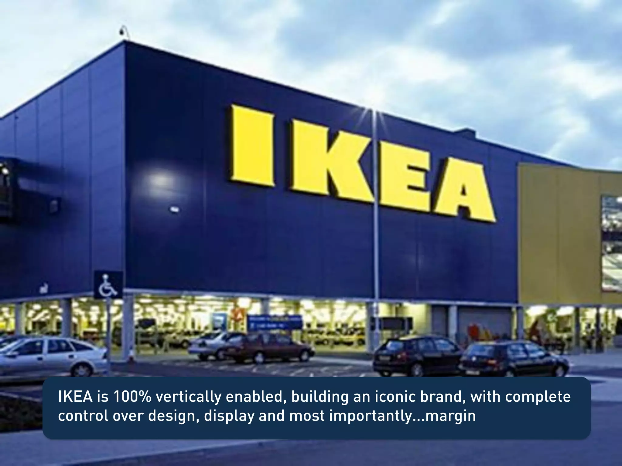 IKEA is 100% vertically enabled, building an iconic brand, with complete
control over design, display and most importantly…margin
 
