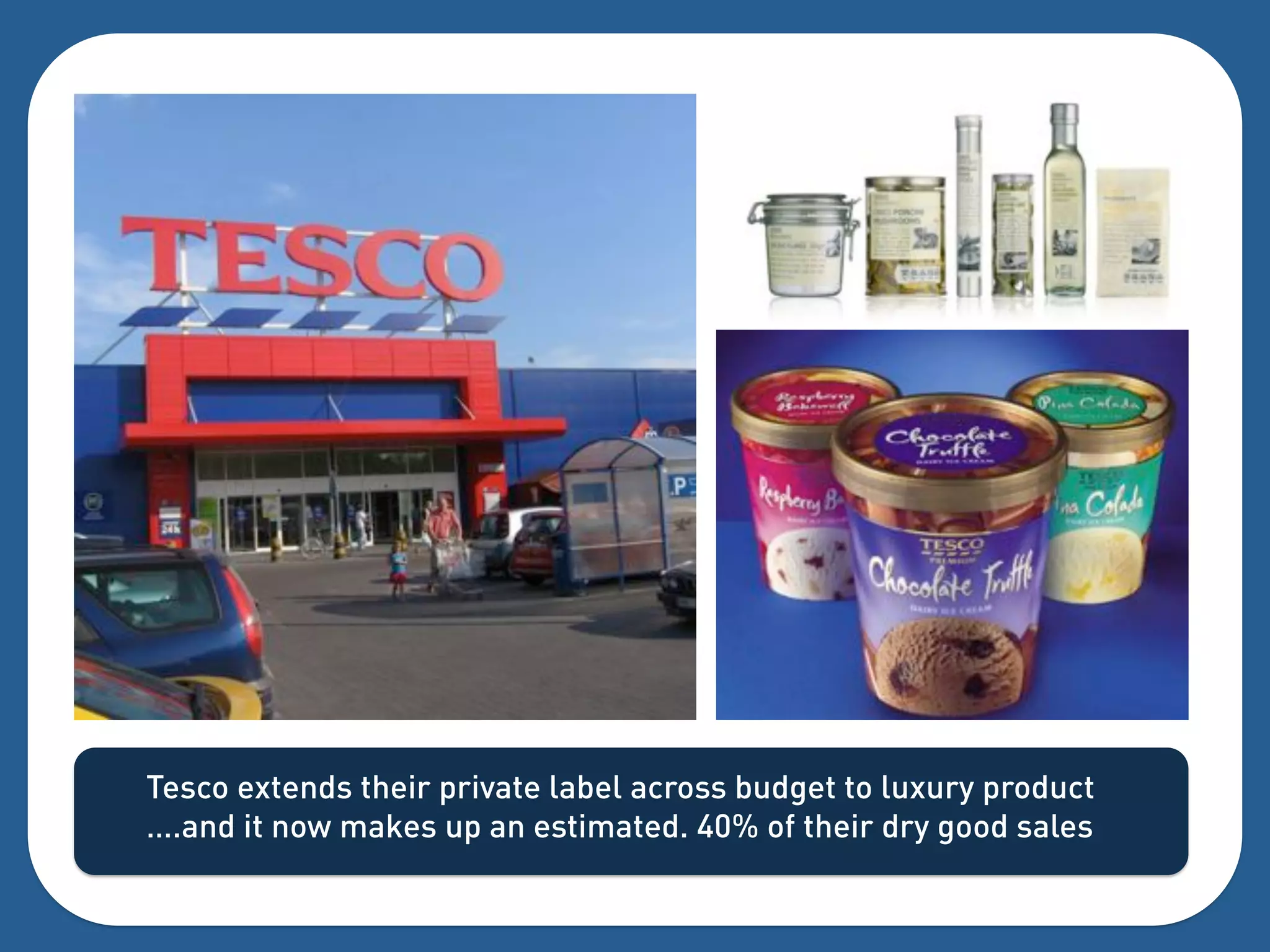 Tesco extends their private label across budget to luxury product
….and it now makes up an estimated. 40% of their dry good sales
 