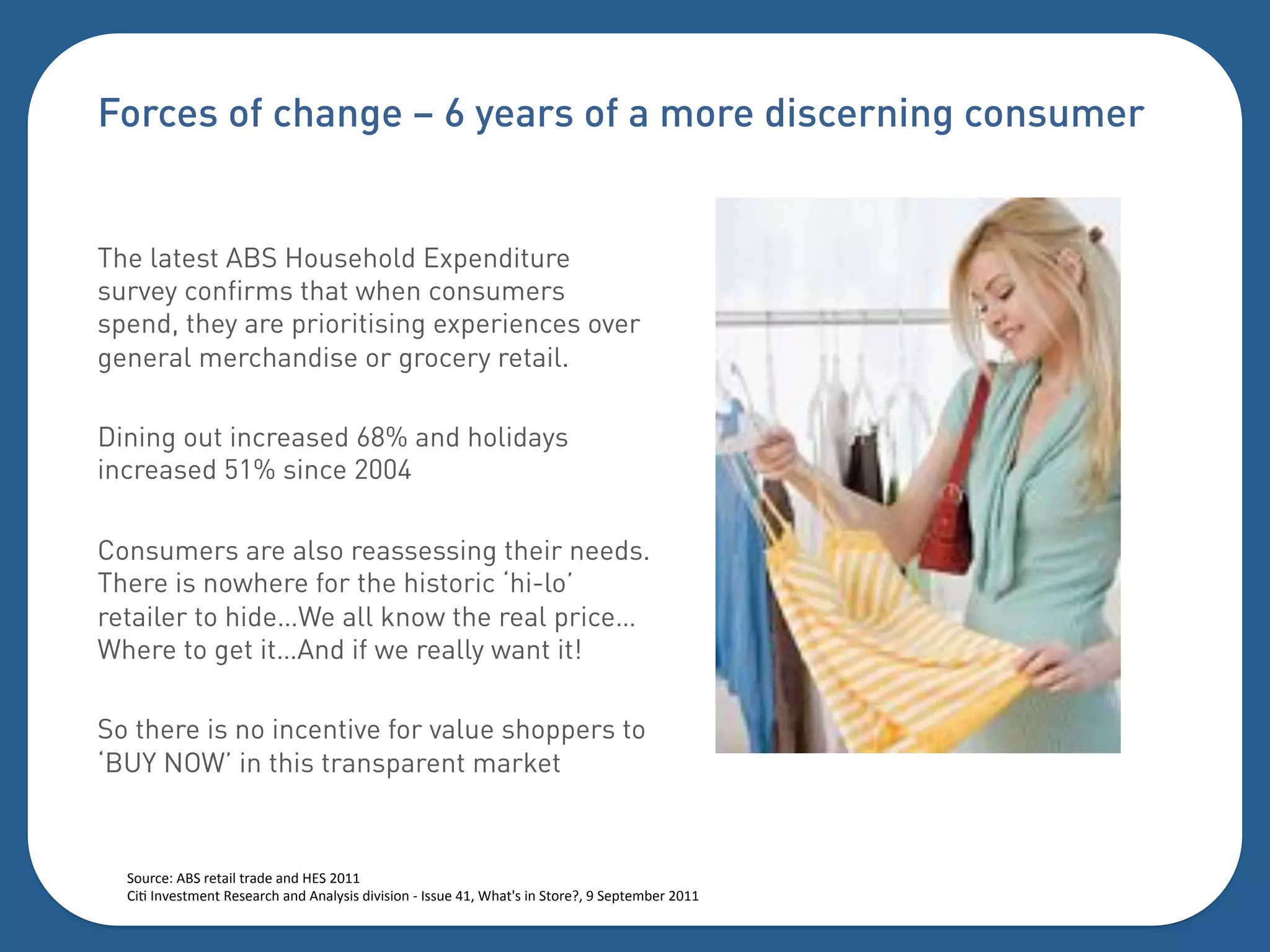 Forces of change – 6 years of a more discerning consumer


The latest ABS Household Expenditure
survey confirms that when consumers
spend, they are prioritising experiences over
general merchandise or grocery retail.

Dining out increased 68% and holidays
increased 51% since 2004

Consumers are also reassessing their needs.
There is nowhere for the historic ‘hi-lo’
retailer to hide…We all know the real price…
Where to get it…And if we really want it!

So there is no incentive for value shoppers to
‘BUY NOW’ in this transparent market


  >03+:)?%@A>%+)5-"'%5+-6)%-(6%!B>%CDEE%
  2"F%G(*).54)(5%H).)-+:$%-(6%@(-'1.".%6"*"."0(%I%G..3)%JE/%K$-5L.%"(%>50+)M/%N%>)=5)4,)+%CDEE
  %
 