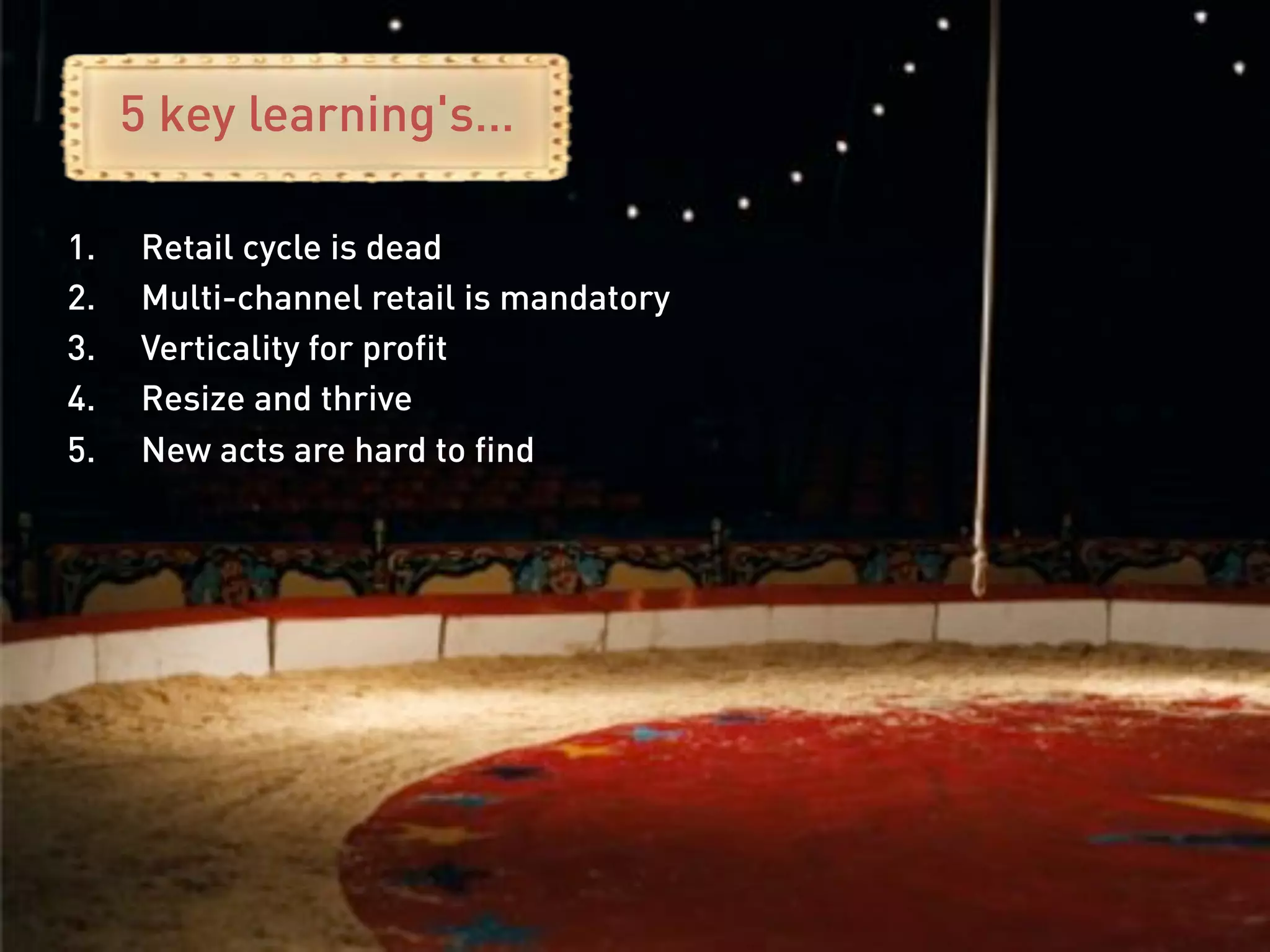 5 key learning's…

1.    Retail cycle is dead
2.    Multi-channel retail is mandatory
3.    Verticality for profit
4.    Resize and thrive
5.    New acts are hard to find
 