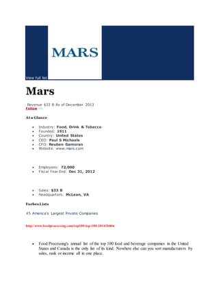 View full list 
Mars 
Revenue $33 B As of December 2013 
Follow (15) 
At a Glance 
 Industry: Food, Drink & Tobacco 
 Founded: 1911 
 Country: United States 
 CEO: Paul S Michaels 
 CFO: Reuben Gamoran 
 Website: www.mars.com 
 Employees: 72,000 
 Fiscal Year End: Dec 31, 2012 
 Sales: $33 B 
 Headquarters: McLean, VA 
Forbes Lists 
#5 America's Largest Private Companies 
http://www.foodprocessing.com/top100/top-100-2014/Intro 
 Food Processing's annual list of the top 100 food and beverage companies in the United 
States and Canada is the only list of its kind. Nowhere else can you sort manufacturers by 
sales, rank or income all in one place. 
 
