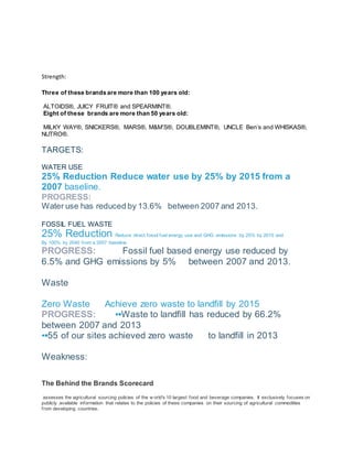Strength: 
Three of these brands are more than 100 years old: 
ALTOIDS®, JUICY FRUIT® and SPEARMINT®. 
Eight of these brands are more than 50 years old: 
MILKY WAY®, SNICKERS®, MARS®, M&M’S®, DOUBLEMINT®, UNCLE Ben’s and WHISKAS®, 
NUTRO®. 
TARGETS: 
WATER USE 
25% Reduction Reduce water use by 25% by 2015 from a 
2007 baseline. 
PROGRESS: 
Water use has reduced by 13.6% between 2007 and 2013. 
FOSSIL FUEL WASTE 
25% Reduction Reduce direct fossil fuel energy use and GHG emissions by 25% by 2015 and 
By 100% by 2040 f rom a 2007 baseline. 
PROGRESS: Fossil fuel based energy use reduced by 
6.5% and GHG emissions by 5% between 2007 and 2013. 
Waste 
Zero Waste Achieve zero waste to landfill by 2015 
PROGRESS: ▪▪Waste to landfill has reduced by 66.2% 
between 2007 and 2013 
▪▪55 of our sites achieved zero waste to landfill in 2013 
Weakness: 
The Behind the Brands Scorecard 
assesses the agricultural sourcing policies of the w orld's 10 largest food and beverage companies. It exclusively focuses on 
publicly available information that relates to the policies of these companies on their sourcing of agricultural commodities 
f rom developing countries. 
 