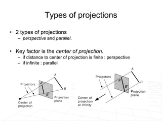 Types of projections 2 types of projections  perspective  and  parallel .  Key factor is the  center of projection .  if distance to center of projection is finite : perspective if infinite : parallel 
