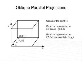 Oblique Parallel Projections x y   (x s ,y s ) (0,0,1) P Consider the point P: P can be represented in 3D space - (0,0,1) P can be represented in 2D (screen coords) - (x s ,y s ) 