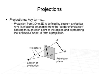 Projections Projections: key terms… Projection  from 3D to 2D is defined by straight  projection rays  ( projectors ) emanating from the ' center of projection ', passing through each point of the object, and intersecting the ' projection   plane ' to form a projection.  
