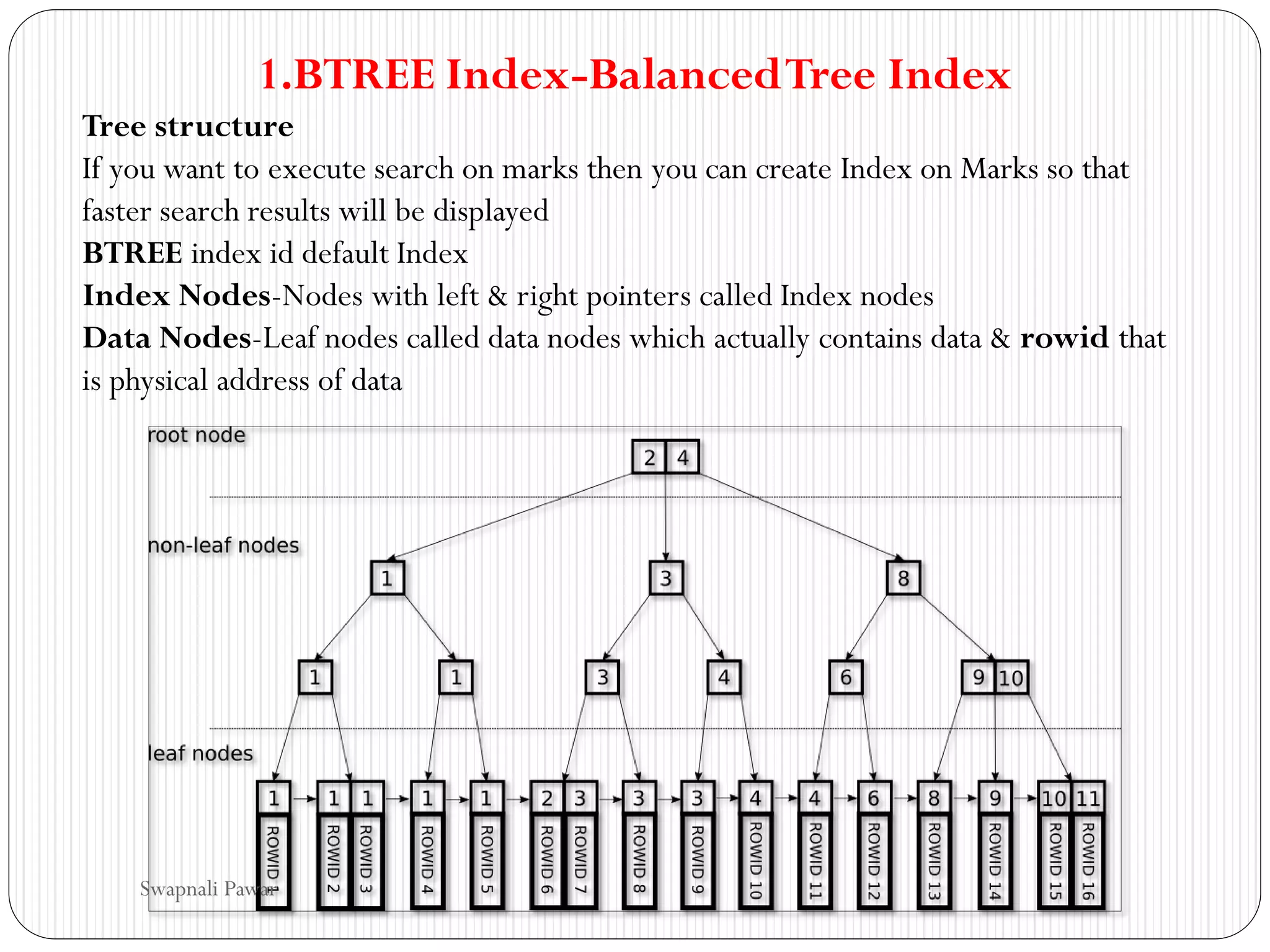1.BTREE Index-BalancedTree Index
Tree structure
If you want to execute search on marks then you can create Index on Marks so that
faster search results will be displayed
BTREE index id default Index
Index Nodes-Nodes with left & right pointers called Index nodes
Data Nodes-Leaf nodes called data nodes which actually contains data & rowid that
is physical address of data
Swapnali Pawar
 