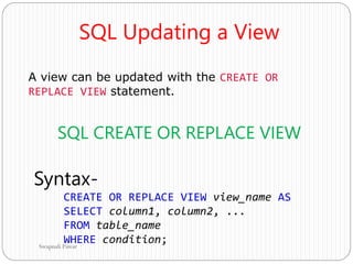 SQL Updating a View
A view can be updated with the CREATE OR
REPLACE VIEW statement.
SQL CREATE OR REPLACE VIEW
Syntax-
CREATE OR REPLACE VIEW view_name AS
SELECT column1, column2, ...
FROM table_name
WHERE condition;
Swapnali Pawar
 