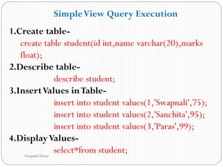 1.Create table-
create table student(id int,name varchar(20),marks
float);
2.Describe table-
describe student;
3.InsertValues inTable-
insert into student values(1,'Swapnali',75);
insert into student values(2,'Sanchita',95);
insert into student values(3,'Paras',99);
4.DisplayValues-
select*from student;
SimpleView Query Execution
Swapnali Pawar
 