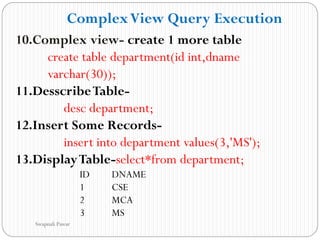 10.Complex view- create 1 more table
create table department(id int,dname
varchar(30));
11.DesscribeTable-
desc department;
12.Insert Some Records-
insert into department values(3,'MS');
13.DisplayTable-select*from department;
ID DNAME
1 CSE
2 MCA
3 MS
ComplexView Query Execution
Swapnali Pawar
 