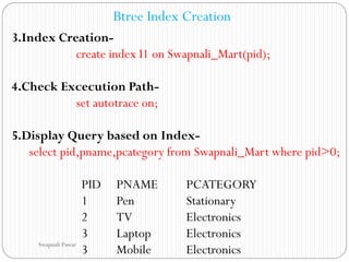 3.Index Creation-
create index I1 on Swapnali_Mart(pid);
4.Check Excecution Path-
set autotrace on;
5.Display Query based on Index-
select pid,pname,pcategory from Swapnali_Mart where pid>0;
PID PNAME PCATEGORY
1 Pen Stationary
2 TV Electronics
3 Laptop Electronics
3 Mobile Electronics
Btree Index Creation
Swapnali Pawar
 