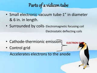 Parts of a vidicon tube
• Small electronic vacuum tube-1” in diameter
& 6 in. in length.
• Surrounded by coils- Electromagnetic focusing coil
Electrostatic deflecting coils
• Cathode-thermionic emission.
• Control grid
Accelerates electrons to the anode
ELECTRON GUN
 