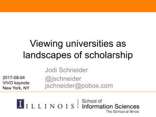 Viewing universities as
landscapes of scholarship
Jodi Schneider
@jschneider
jschneider@pobox.com
2017-08-04
VIVO keynote
New York, NY
 